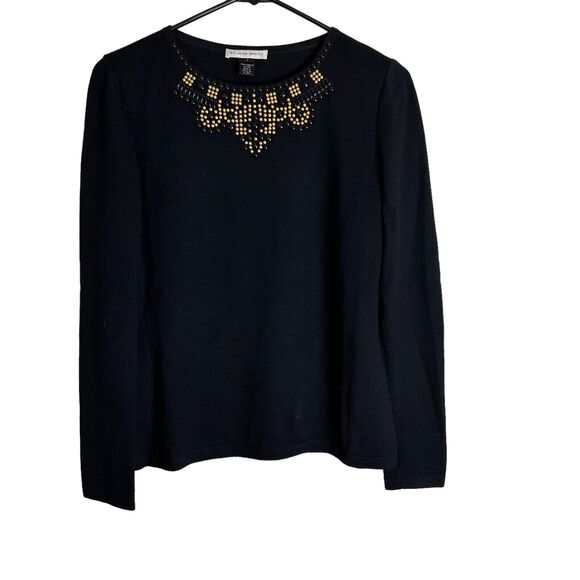 St John‎ Sport Womens Pullover Top Size P Wool Rayon Black Embellished Neckline - Picture 1 of 7